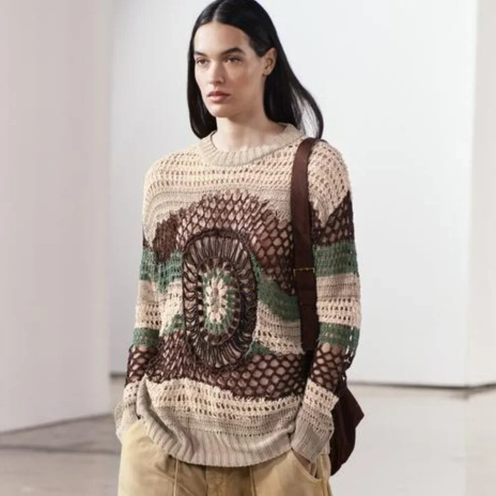 NWT BEIGE GREEN MULTICOLOR BEADED CROCHET OVERSIZED KNIT SWEATER LIMITED EDITION - Picture 5 of 10